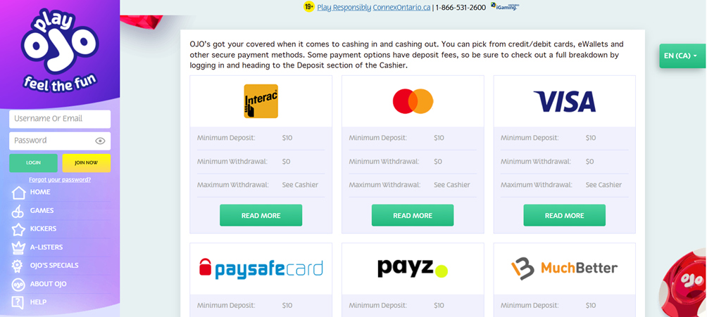 PlayOJO deposit methods