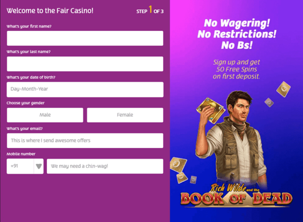 Sign up form for casino